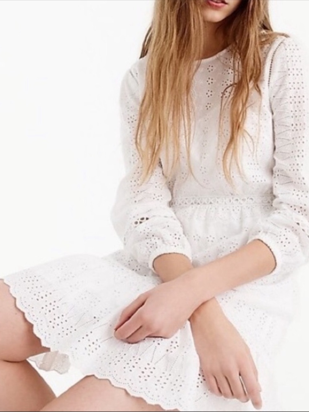 J. Crew White Eyelet Long-Sleeve 100% Cotton Dress Cottagecore Coastal | Size 6